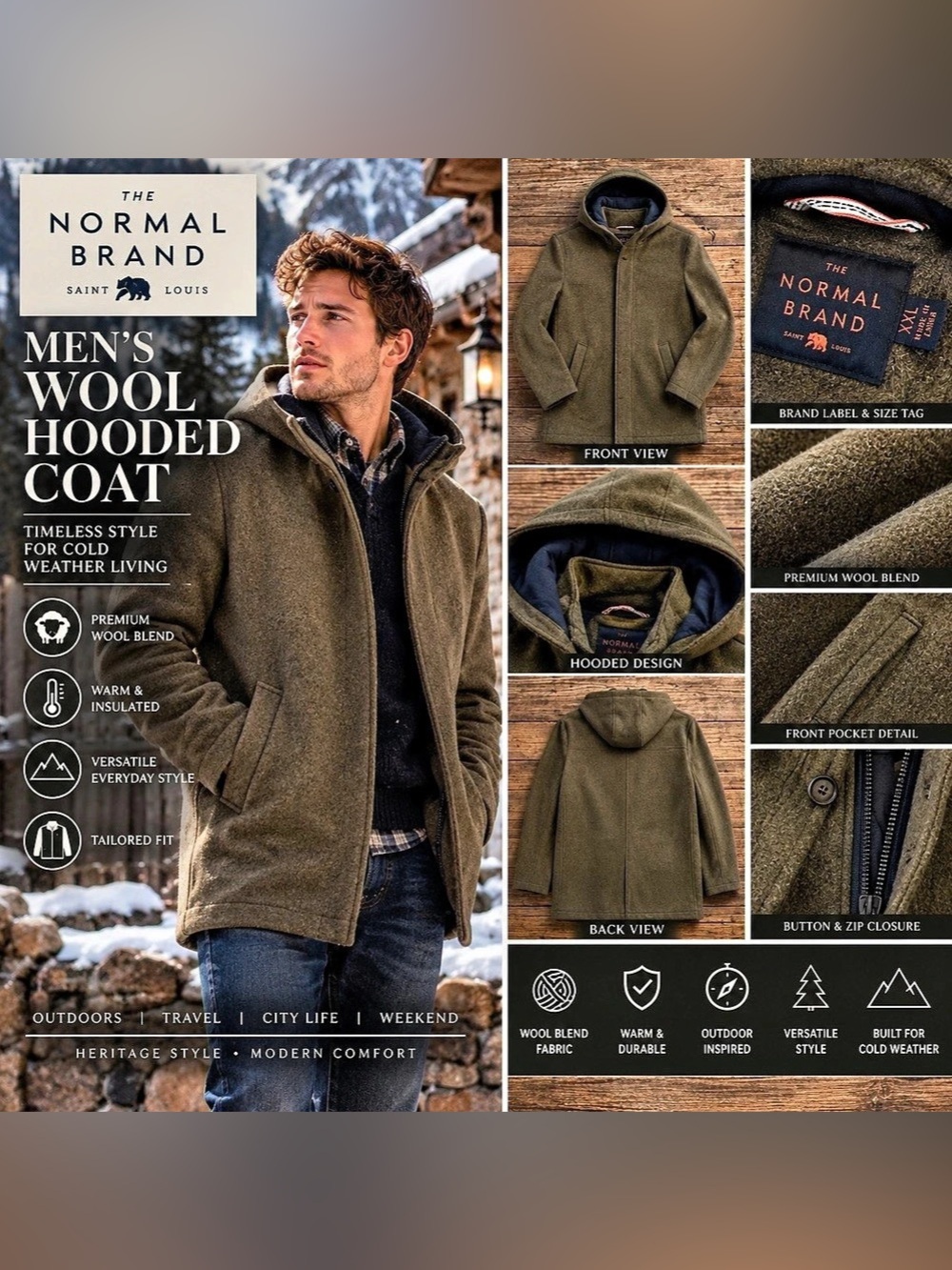 The Normal Brand Balboa City Peacoat Men XXL Olive Wool Hooded Jacket $298